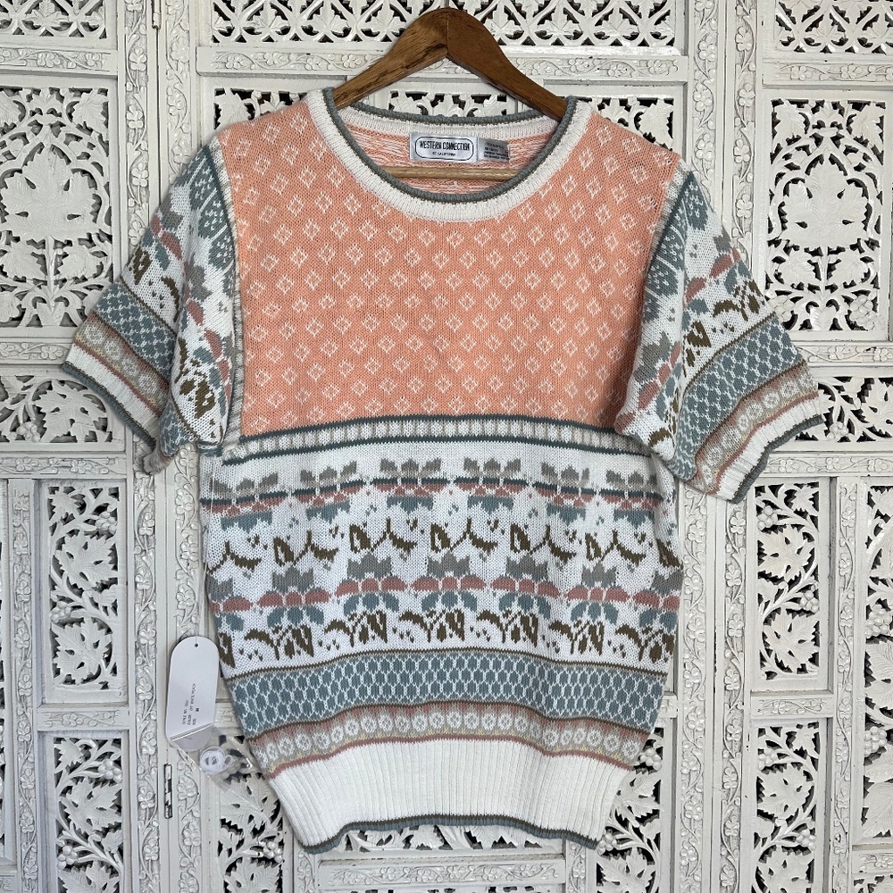 Vintage NWT Headstock Peachy Pink Floral Geometric Fair Isle‎ Sweater Sz Medium